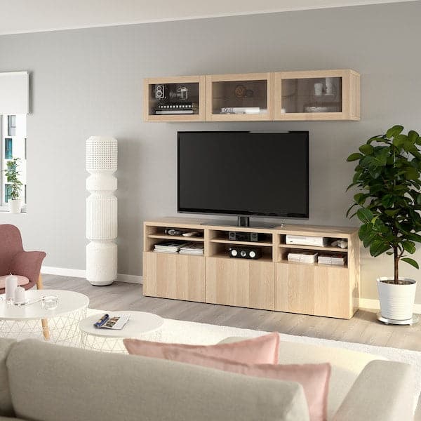Ikea BESTÅ - TV storage combination/glass doors, white stained oak effect/Lappviken white stained oak eff clear glass, 180x42x192 cm