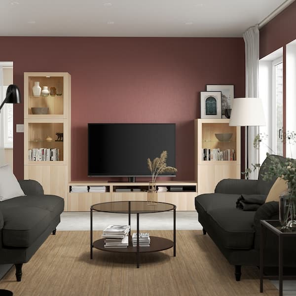 Ikea BESTÅ - TV storage combination/glass doors, white stained oak effect/Lappviken white stained oak eff clear glass, 300x42x193 cm