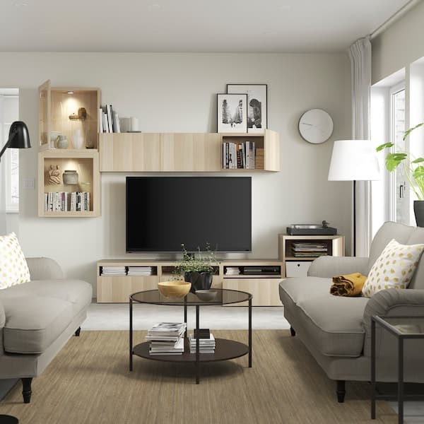 Ikea BESTÅ - TV storage combination/glass doors, white stained oak effect/Lappviken white stained oak eff clear glass, 300x42x211 cm