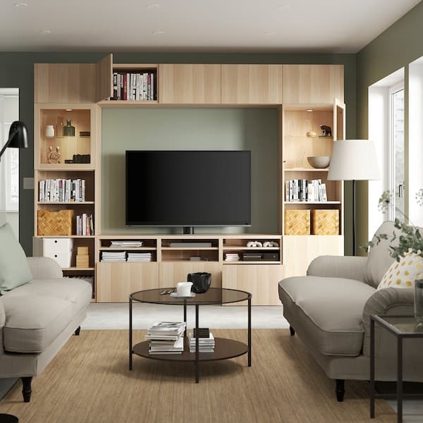 Ikea BESTÅ - TV storage combination/glass doors, white stained oak effect/Lappviken white stained oak eff clear glass, 300x42x231 cm