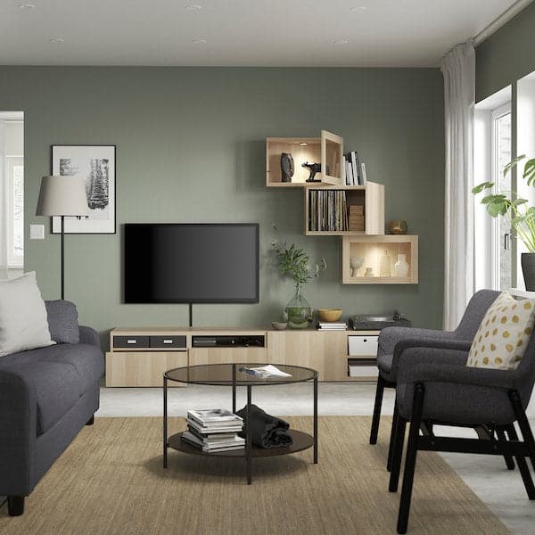 Ikea BESTÅ - TV storage combination/glass doors, white stained oak effect/Lappviken white stained oak eff clear glass, 240x42x190 cm