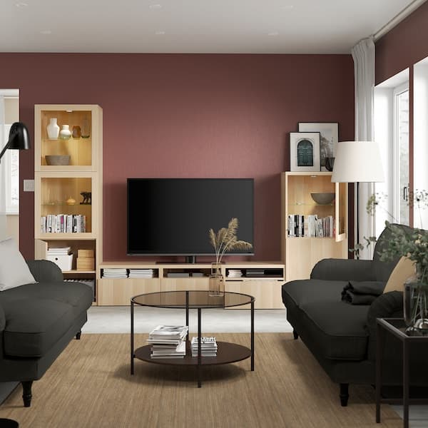 Ikea BESTÅ - TV storage combination/glass doors, white stained oak effect/Lappviken white stained oak eff clear glass, 300x42x193 cm