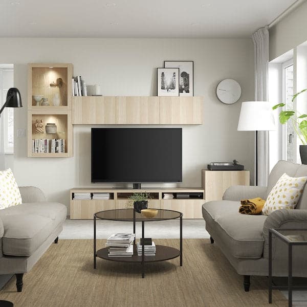 Ikea BESTÅ - TV storage combination/glass doors, white stained oak effect/Lappviken white stained oak eff clear glass, 300x42x211 cm