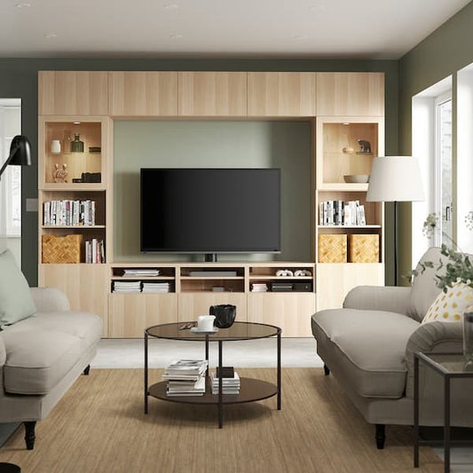 Ikea BESTÅ - TV storage combination/glass doors, white stained oak effect/Lappviken white stained oak eff clear glass, 300x42x231 cm