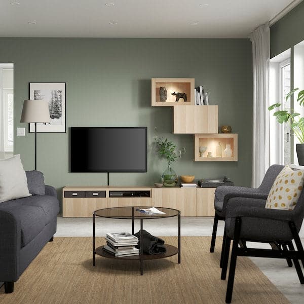 Ikea BESTÅ - TV storage combination/glass doors, white stained oak effect/Lappviken white stained oak eff clear glass, 240x42x190 cm