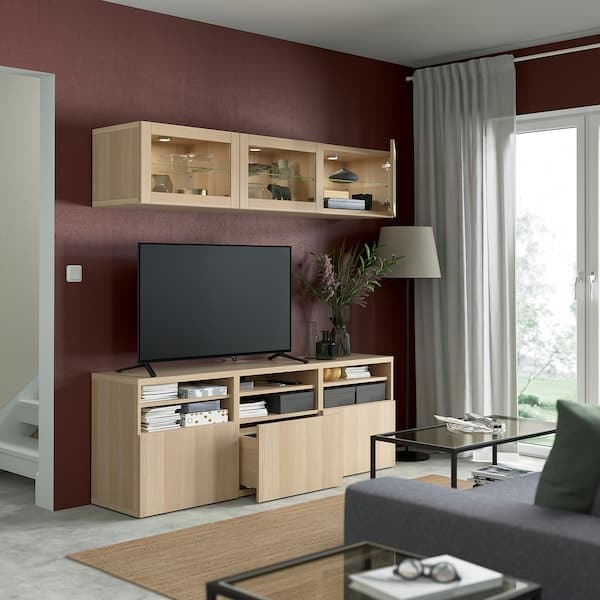Ikea BESTÅ - TV storage combination/glass doors, white stained oak effect/Lappviken white stained oak eff clear glass, 180x42x192 cm