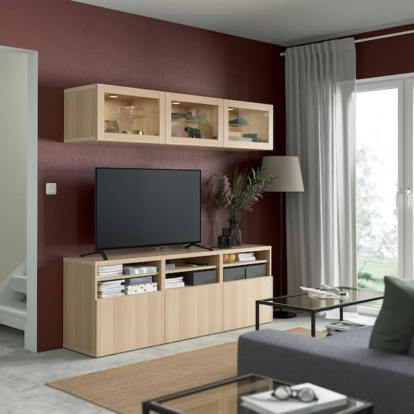 Ikea BESTÅ - TV storage combination/glass doors, white stained oak effect/Lappviken white stained oak eff clear glass, 180x42x192 cm