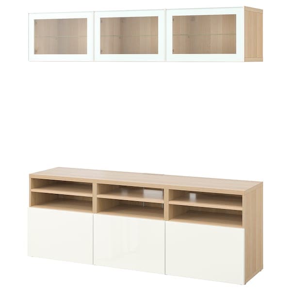Ikea BESTÅ - TV storage combination/glass doors, white stained oak effect/Selsviken high-gloss/white clear glass, 180x42x192 cm