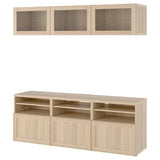 BESTÅ TV storage combination/glass doors, white stained oak effect Sindvik/Hanviken white stained oak eff clear glass, 180x42x192 cm