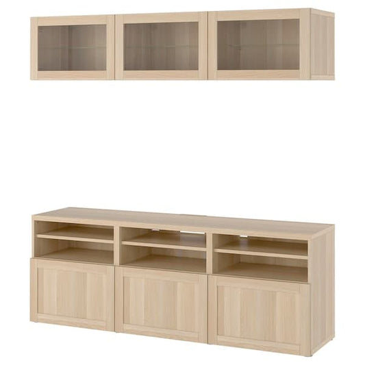 Ikea BESTÅ TV/glass door combination - oak effect with white stain Sindvik/Hanviken white oak effect glass 180x42x192 cm , 180x42x192 cm