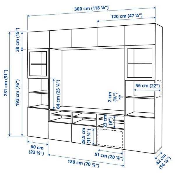 Ikea BESTÅ - TV storage combination/glass doors, dark grey Lappviken/Fällsvik anthracite, 300x42x231 cm