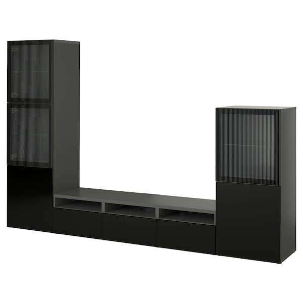 BESTÅ - TV storage combination/glass doors, dark grey Lappviken/Fällsvik anthracite, 300x42x193 cm - best price from Maltashopper.com 09556052