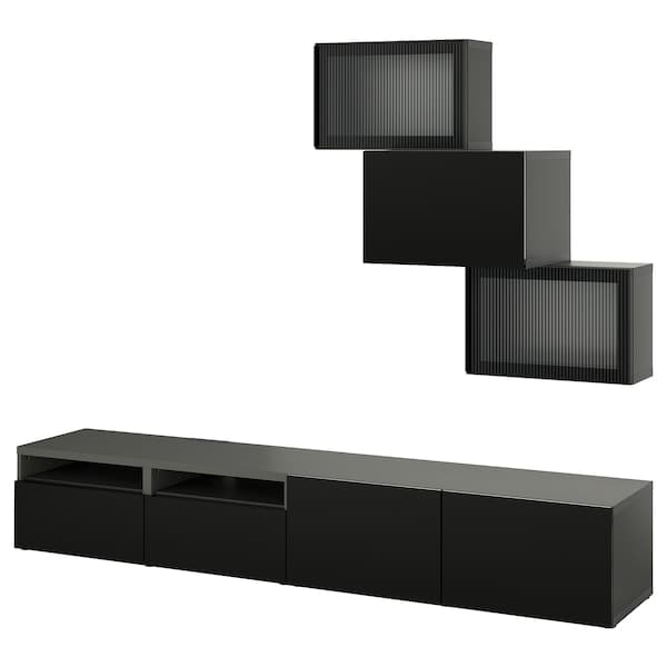 Ikea BESTÅ - TV storage combination/glass doors, black Selsviken/Fällsvik anthracite, 240x42x190 cm