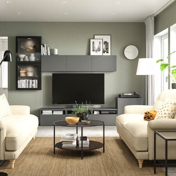Ikea BESTÅ - TV storage combination/glass doors, dark grey Lappviken/Fällsvik anthracite, 300x42x211 cm