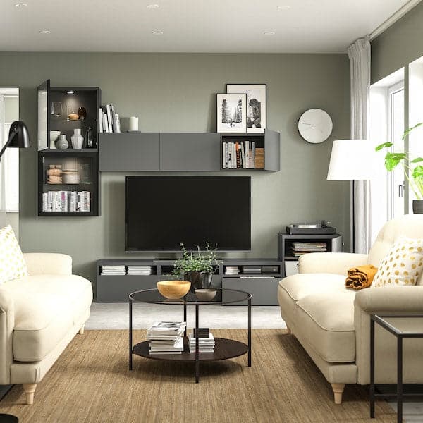 BESTÅ - TV storage combination/glass doors, dark grey Lappviken/Fällsvik anthracite, 300x42x211 cm - best price from Maltashopper.com 59507907