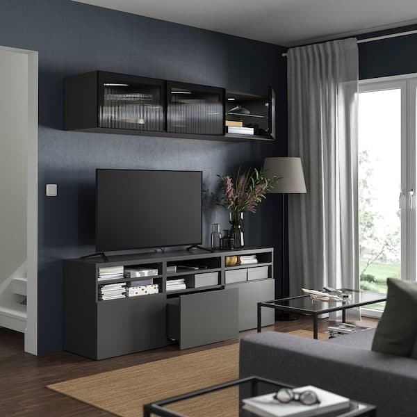 Ikea BESTÅ - TV storage combination/glass doors, dark grey Lappviken/Fällsvik anthracite, 180x42x192 cm