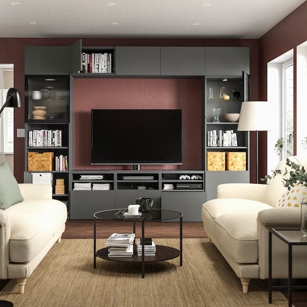 BESTÅ - TV storage combination/glass doors, dark grey Lappviken/Fällsvik anthracite, 300x42x231 cm - best price from Maltashopper.com 39556135