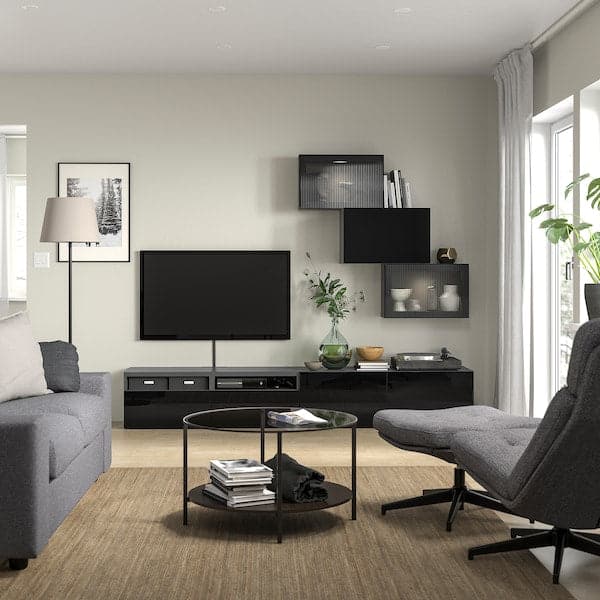 Ikea BESTÅ - TV storage combination/glass doors, black Selsviken/Fällsvik anthracite, 240x42x190 cm