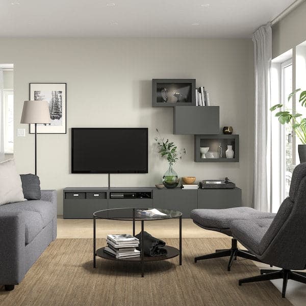 Ikea BESTÅ - TV storage combination/glass doors, dark grey Lappviken/Sindvik dark grey, 240x42x190 cm