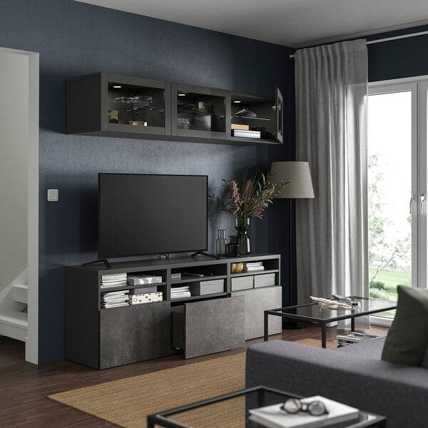 Ikea BESTÅ - TV storage combination/glass doors, dark grey Sindvik/Kallviken dark grey, 180x42x192 cm