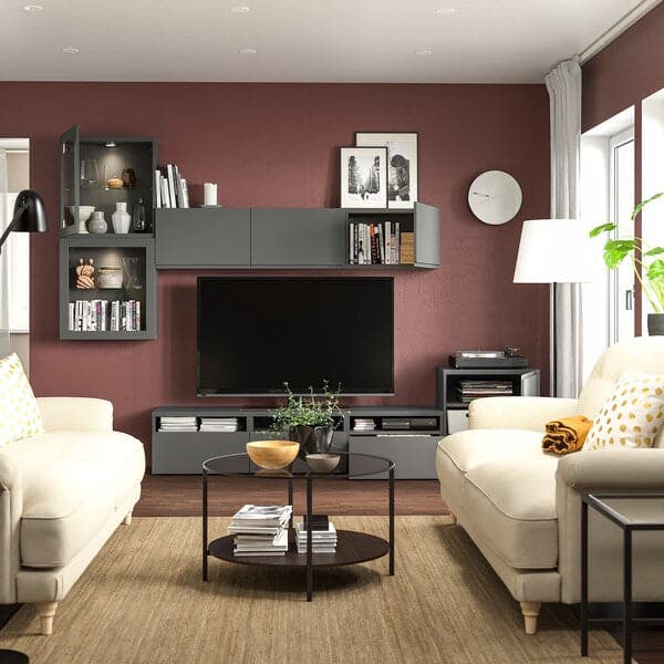 Ikea BESTÅ - TV storage combination/glass doors, dark grey Västerviken/Sindvik dark grey, 300x42x211 cm