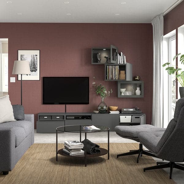 Ikea BESTÅ - TV storage combination/glass doors, dark grey Västerviken/Sindvik dark grey, 240x42x190 cm