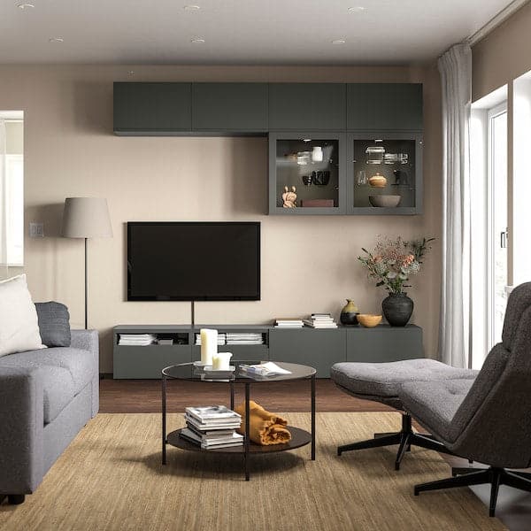 Ikea BESTÅ - TV storage combination/glass doors, dark grey Västerviken/Sindvik dark grey, 240x42x231 cm