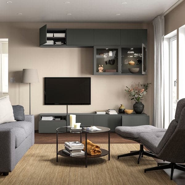 Ikea BESTÅ - TV storage combination/glass doors, dark grey Västerviken/Sindvik dark grey, 240x42x231 cm