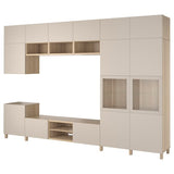 BESTÅ TV storage combination/glass doors, white stained oak veneer Lappviken/Sindvik light grey-beige, 360x42x240 cm