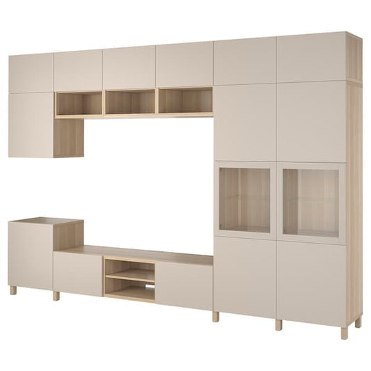 Ikea BESTÅ - TV storage combination/glass doors, white stained oak veneer Lappviken/Sindvik clear glass, 360x42x240 cm