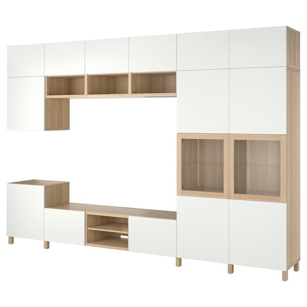 BESTÅ - TV storage combination/glass doors, white stained oak veneer Lappviken/Sindvik clear glass, 360x42x240 cm