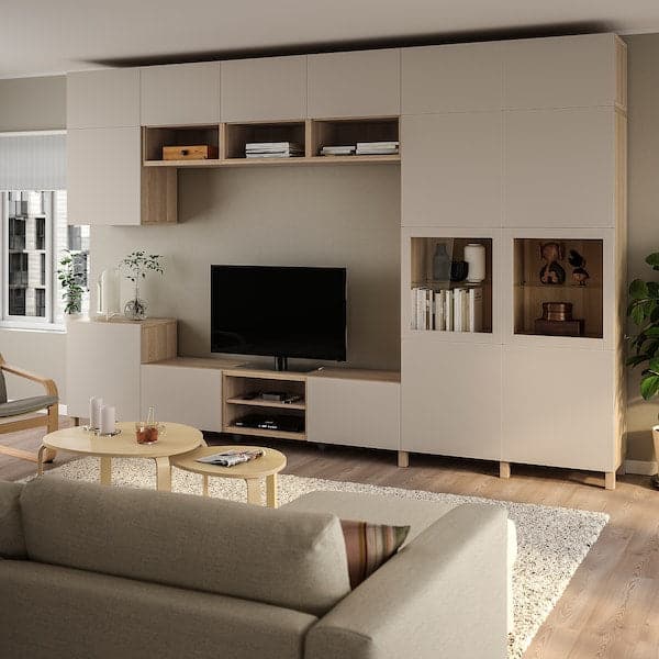 Ikea BESTÅ - TV storage combination/glass doors, white stained oak veneer Lappviken/Sindvik clear glass, 360x42x240 cm