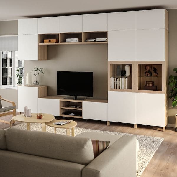 Ikea BESTÅ - TV storage combination/glass doors, white stained oak veneer Lappviken/Sindvik clear glass, 360x42x240 cm
