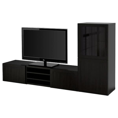 BESTÅ TV storage combination/glass doors, black-brown/Hanviken black-brown clear glass, 240x42x129 cm