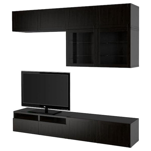 BESTÅ TV storage combination/glass doors, black-brown/Hanviken black-brown clear glass, 240x42x231 cm