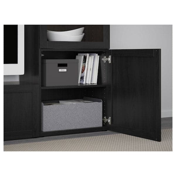 BESTÅ Combination TV/glass doors - brown-black/Hanviken transparent brown-black glass 240x42x129 cm , - best price from Maltashopper.com 09406326