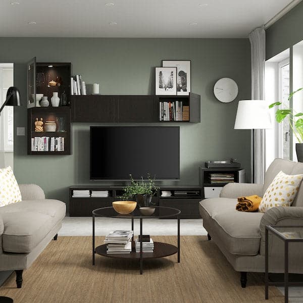 Ikea BESTÅ - TV set/glass combination, brown-black/Hanviken transparent glass brown-black, 300x42x211 cm