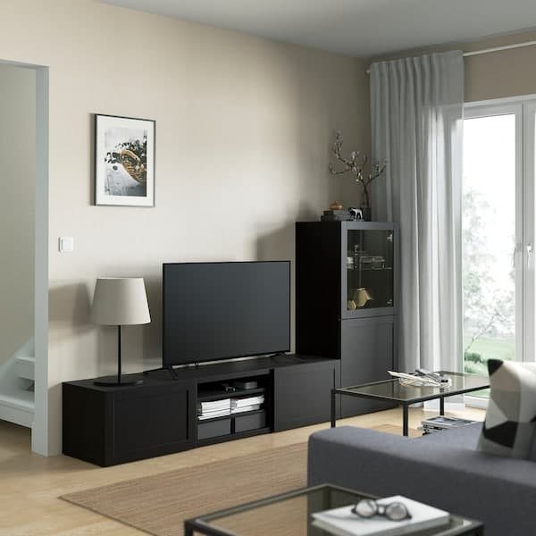 BESTÅ Tv/glass doors combination - brown-black/Hanviken transparent brown-black glass 240x42x129 cm - best price from Maltashopper.com 59330640