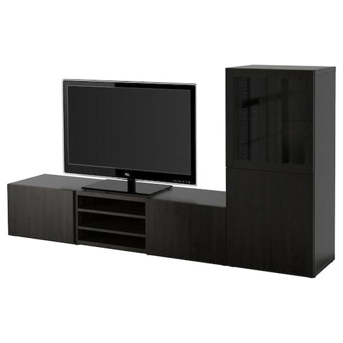 BESTÅ - TV storage combination/glass doors, black-brown/Lappviken black-brown clear glass, 240x42x129 cm