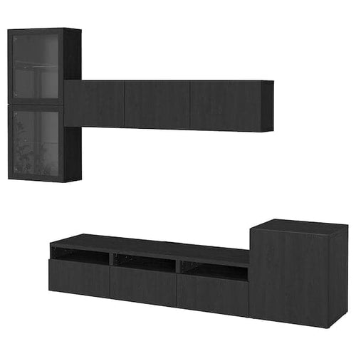 BESTÅ - TV storage combination/glass doors, black-brown/Lappviken black-brown clear glass, 300x42x211 cm