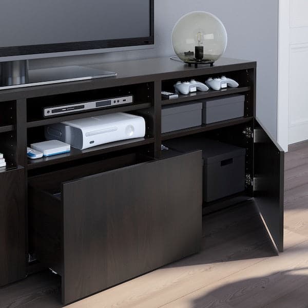Ikea BESTÅ - TV storage combination/glass doors, black-brown/Lappviken black-brown clear glass, 180x42x192 cm