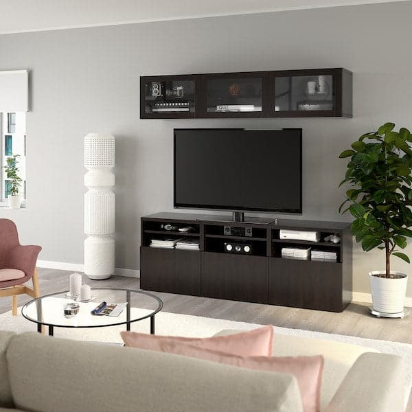 Ikea BESTÅ - TV storage combination/glass doors, black-brown/Lappviken black-brown clear glass, 180x42x192 cm