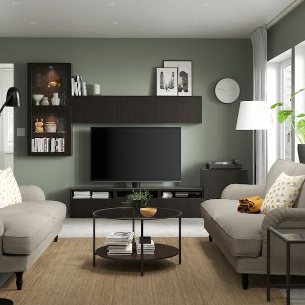 Ikea BESTÅ - TV storage combination/glass doors, black-brown/Lappviken black-brown clear glass, 300x42x211 cm