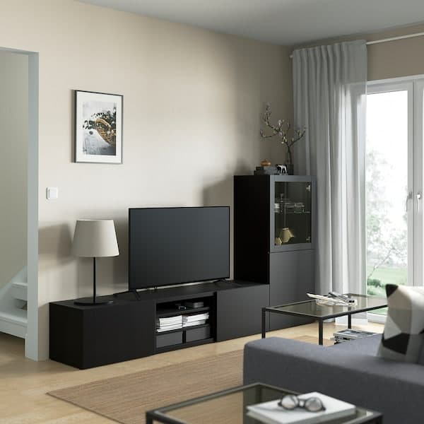 Ikea BESTÅ - TV storage combination/glass doors, black-brown/Lappviken black-brown clear glass, 240x42x129 cm