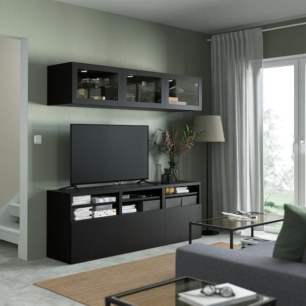 Ikea BESTÅ - TV storage combination/glass doors, black-brown/Lappviken black-brown clear glass, 180x42x192 cm