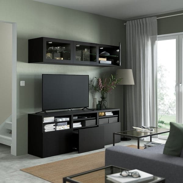 Ikea BESTÅ - TV storage combination/glass doors, black-brown/Lappviken black-brown clear glass, 180x42x192 cm