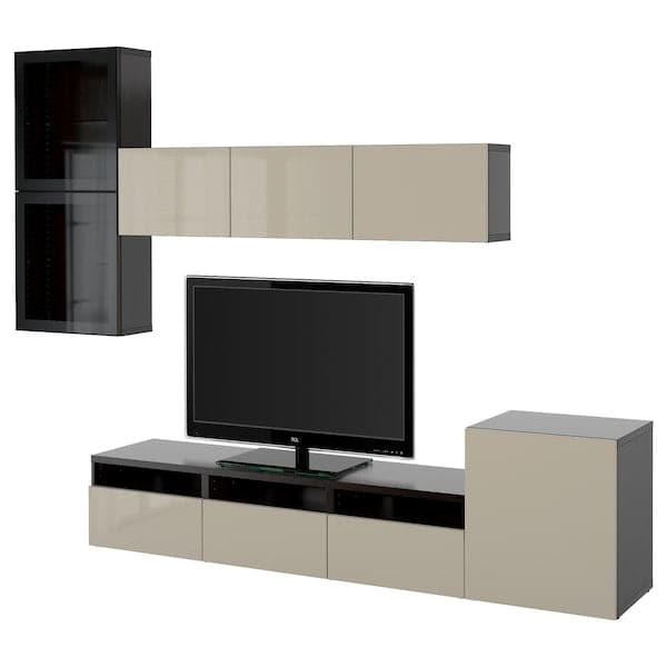 Ikea BESTÅ - TV set/glass combination, brown-black/Selsviken gloss/beige transparent glass, 300x42x211 cm