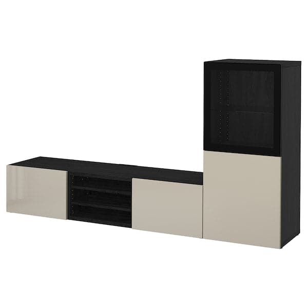 BESTÅ Glass TV/doors combination - brown-black/Glossy Selsviken/transparent beige glass 240x42x129 cm , - best price from Maltashopper.com 09329451