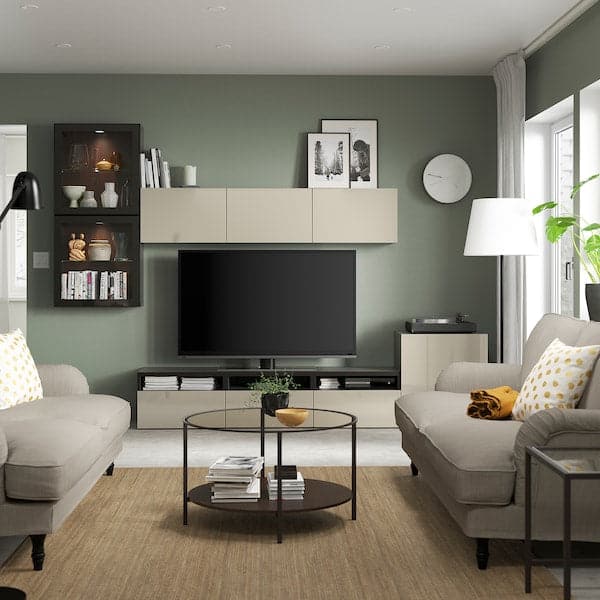 Ikea BESTÅ - TV set/glass combination, brown-black/Selsviken gloss/beige transparent glass, 300x42x211 cm