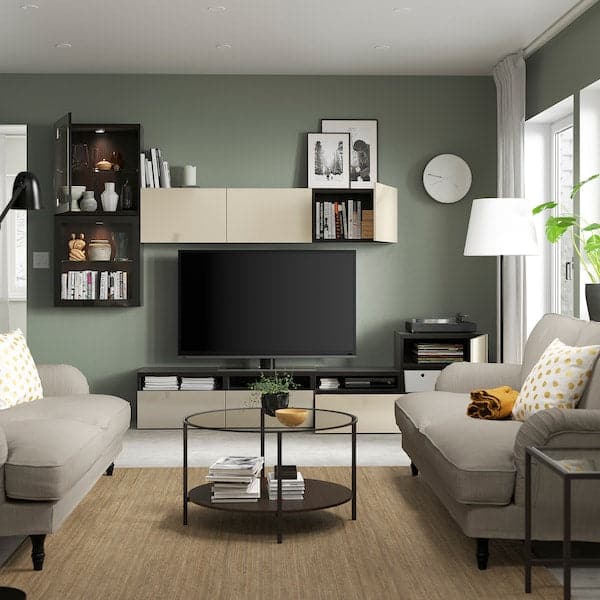 Ikea BESTÅ - TV set/glass combination, brown-black/Selsviken gloss/beige transparent glass, 300x42x211 cm